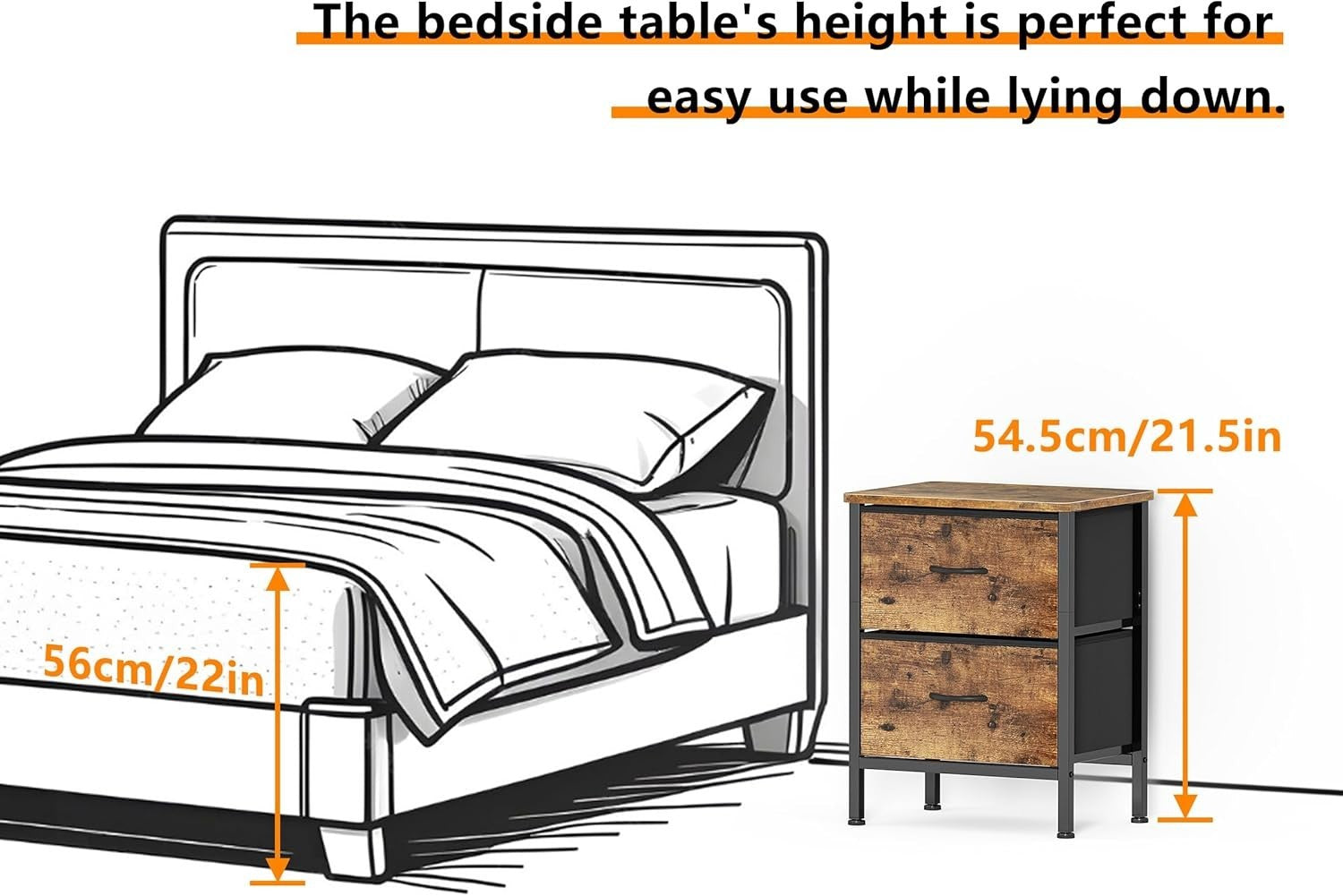 Set of 2 Rustic Brown Bedside Tables with Metal Frame & Fabric Drawers