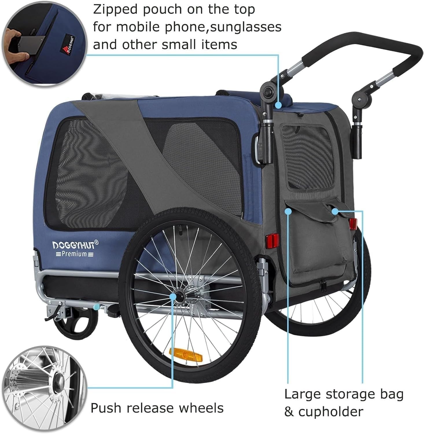 XL Dog Bike Trailer Stroller 45kg Heavy Duty Blue Black Pet Carrier