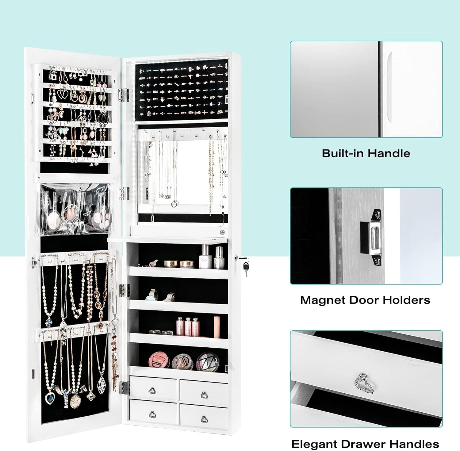 White LED Jewelry Cabinet Wall Mounted Mirror Lockable Storage Organizer