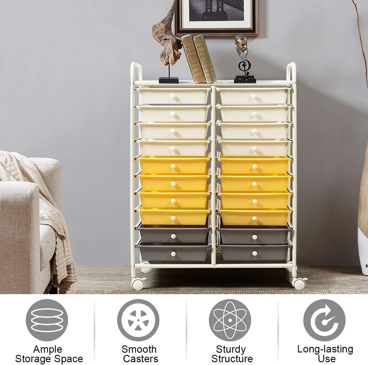 Yellow 20 Drawer Rolling Storage Trolley Utility Organizer Cart Mobile