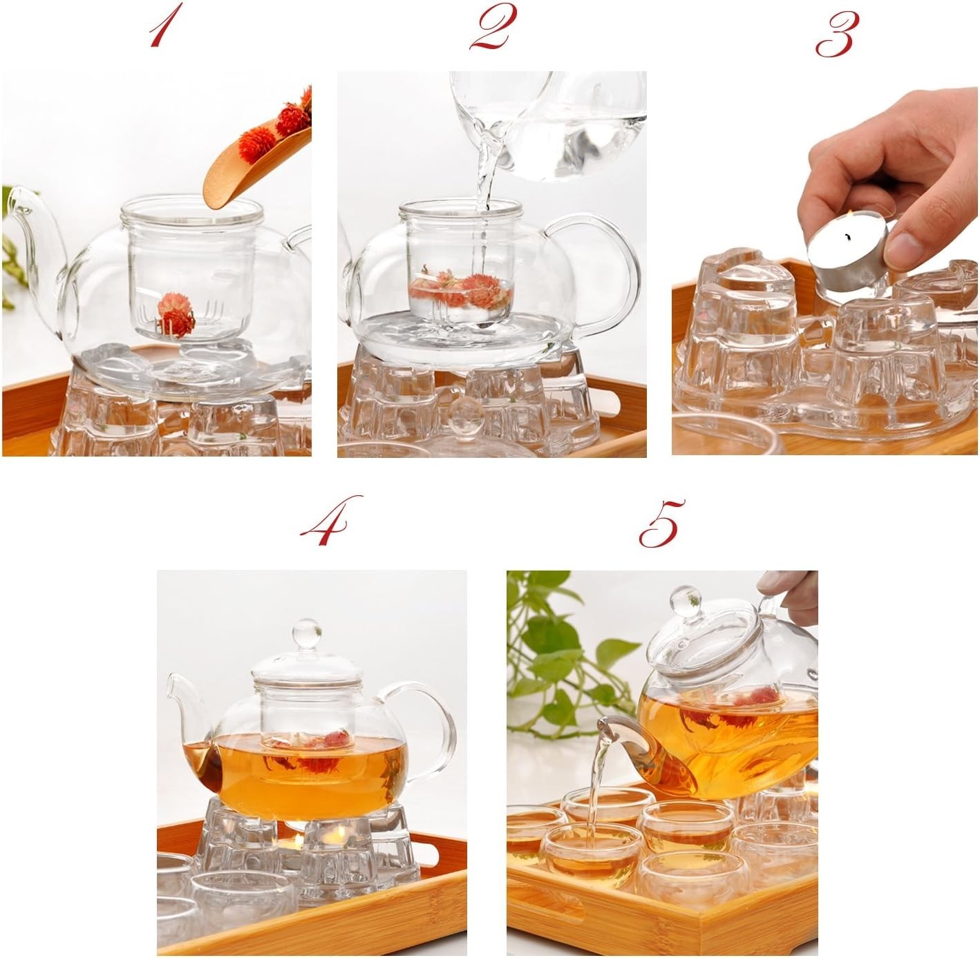 11Pc Glass Tea Set Teapot Warmer 6 Cups Infuser 27oz Gift Set