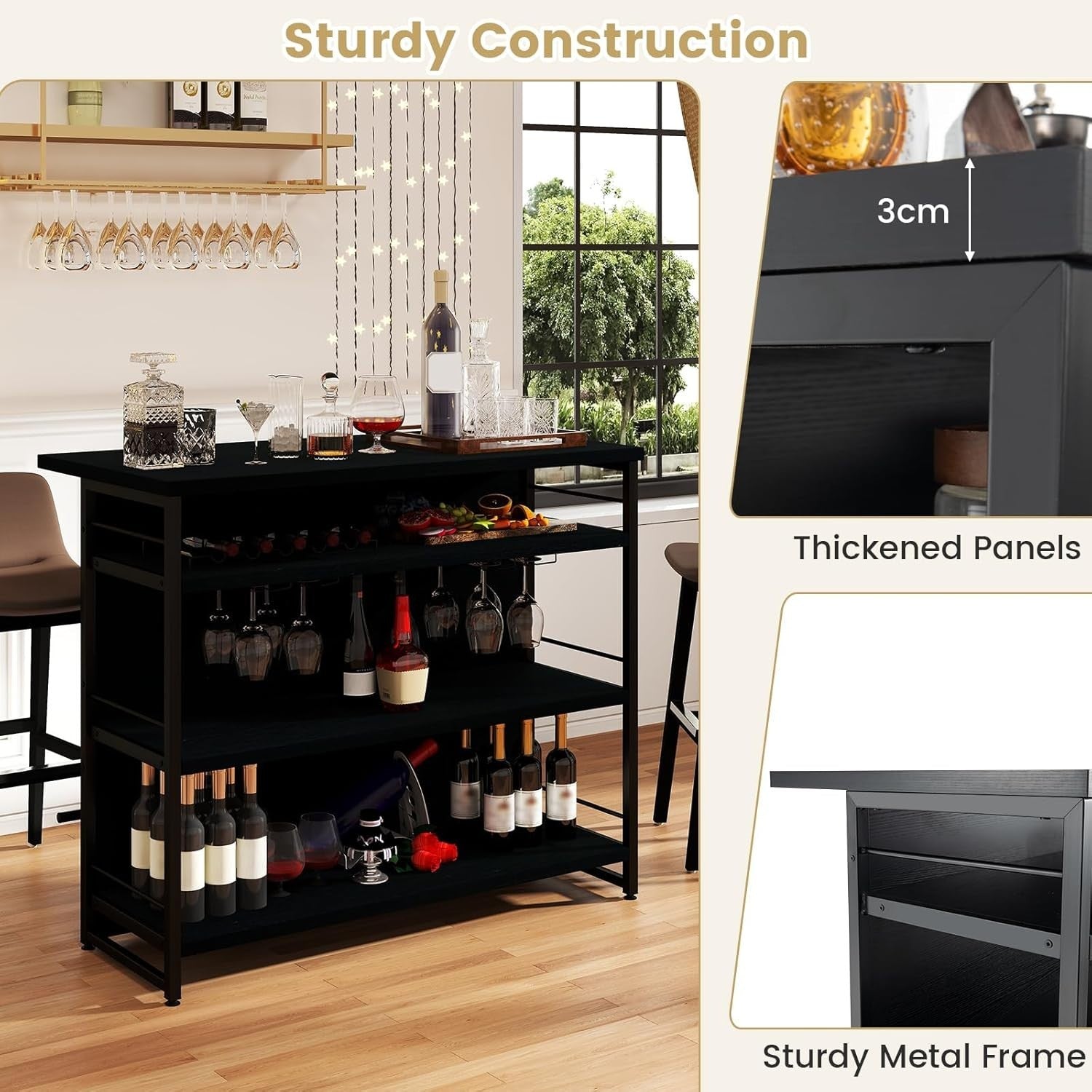 Industrial Kitchen Island Bar Table with Wine Rack Black 120x60cm