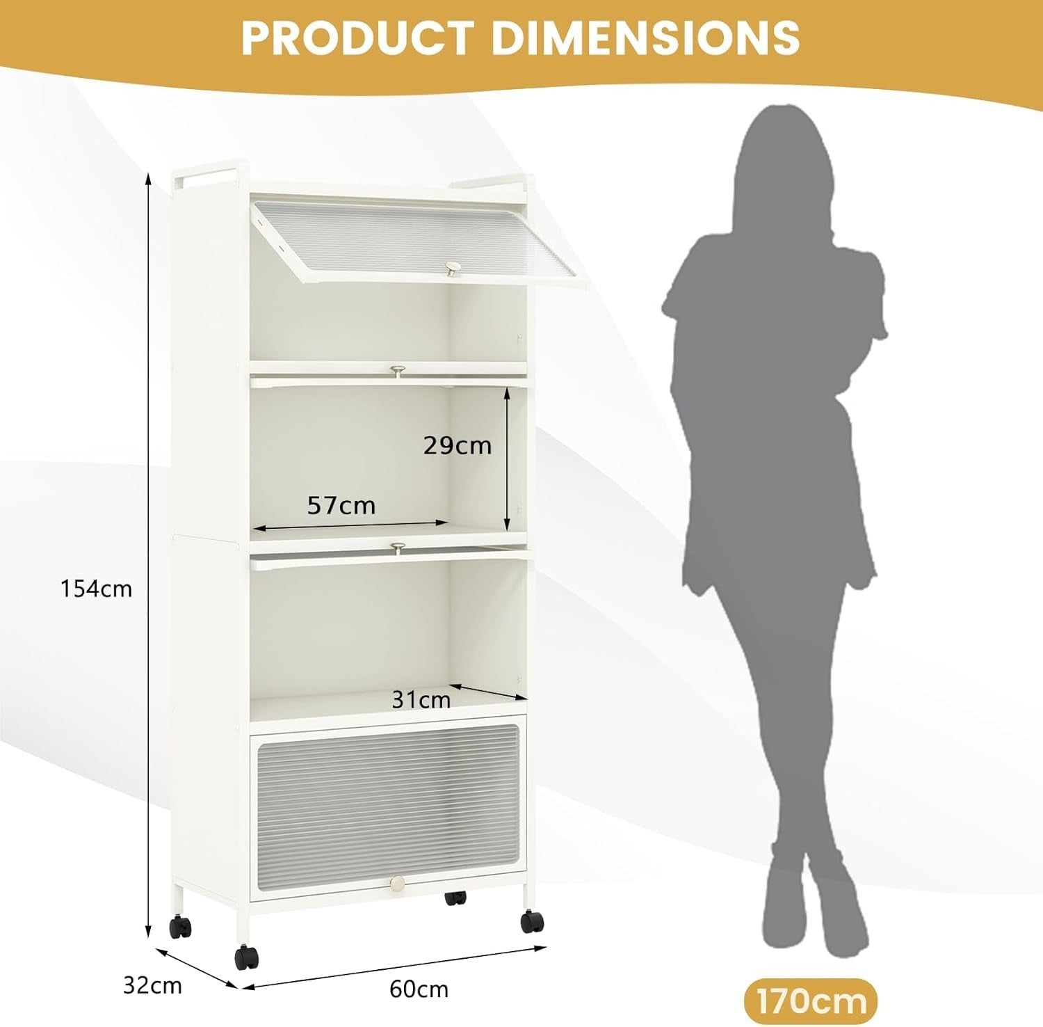 60x32x154cm White Rolling Kitchen Cabinet 5-Tier Pantry Storage with Wheels