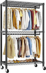 Heavy Duty Clothes Rail with Shelves & Wheels – Black 200cm