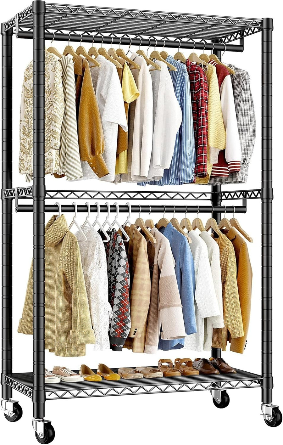 Heavy Duty Clothes Rail with Shelves & Wheels – Black 200cm