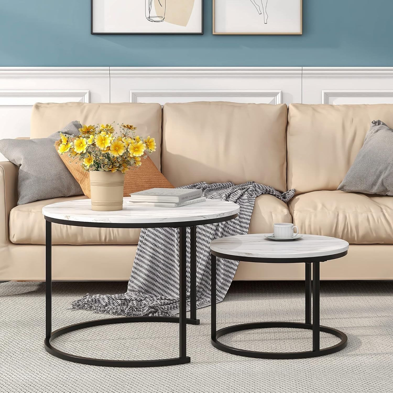 Round Nesting Coffee Table Set of 2 – Space-Saving Living Room Side Tables White