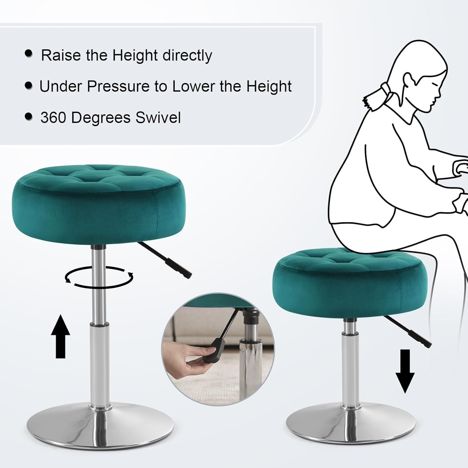 Teal Velvet Swivel Vanity Stool – Adjustable Tufted Round Makeup Chair Chrome