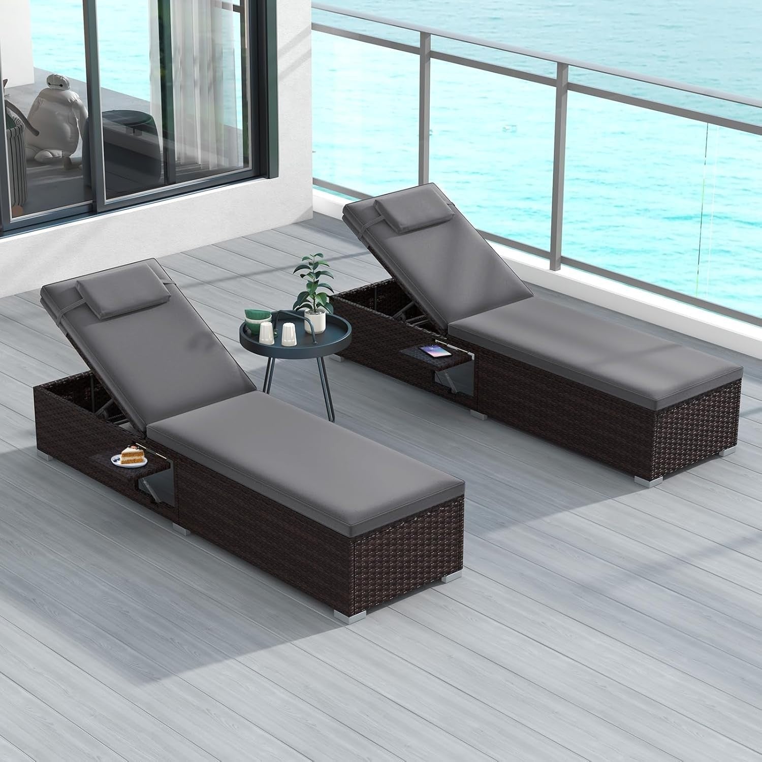 6-Level Adjustable Rattan Sun Lounger with Folding Table & Cushions, Grey
