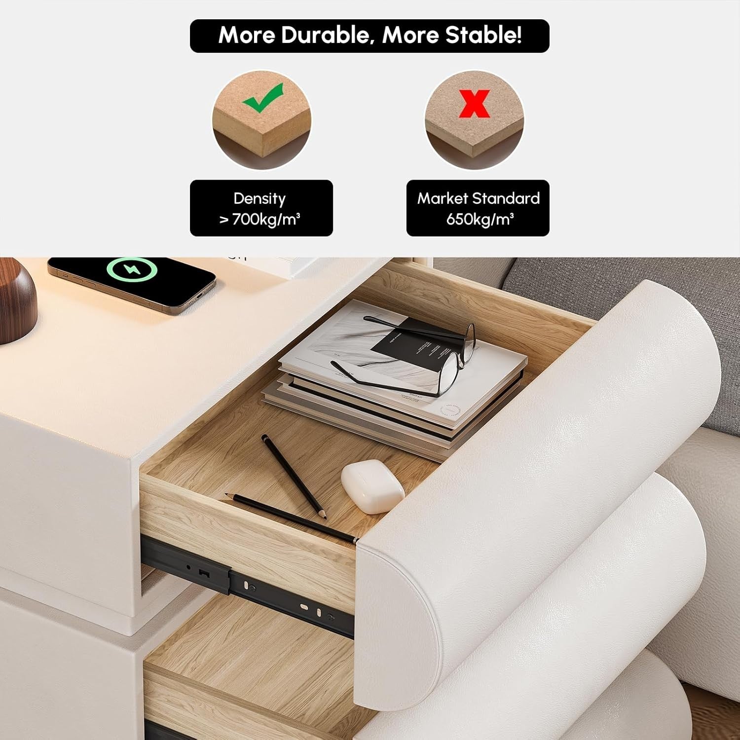 Luxury 3 Drawer Bedside Table with Wireless Charger USB Type-C