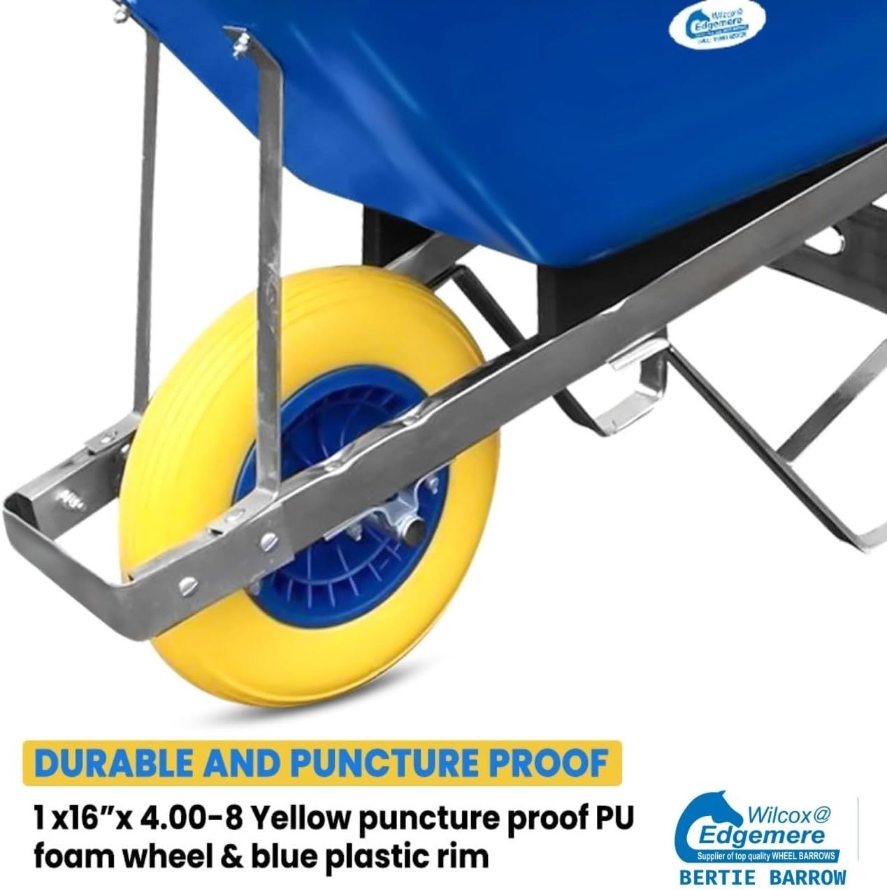 120L Garden Wheelbarrow – Blue/Yellow – PU Tubeless Tyre Heavy Duty Frame