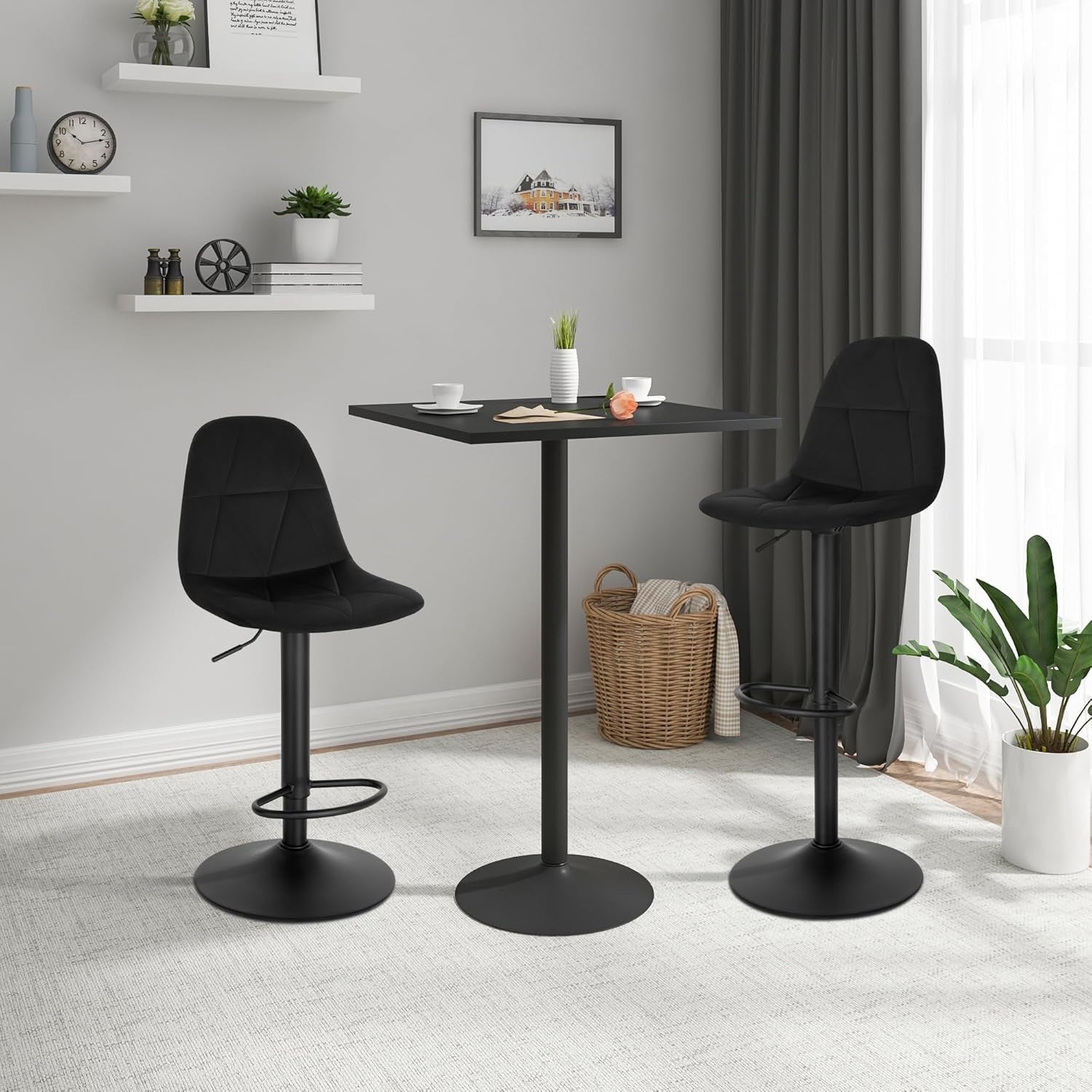 Adjustable Swivel Velvet Bar Stool L-Shaped Seat with Footrest 60-81cm