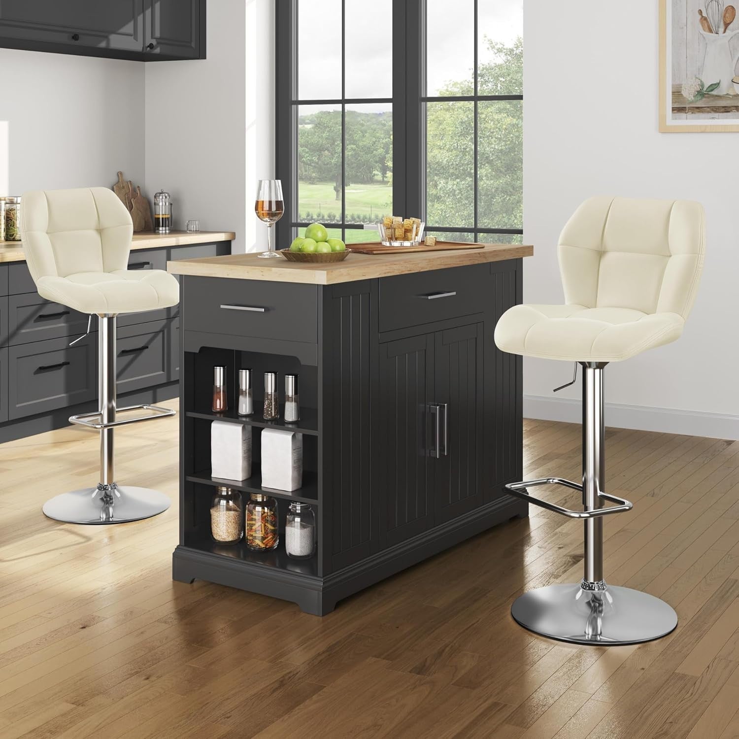 Adjustable Swivel Bar Stools Set of 2 Beige PU Counter Chairs