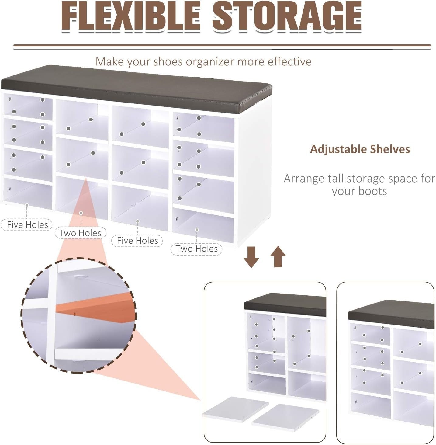 Multi-Storage Shoe Rack with Cushion & 14 Compartments, 103.5x30x48 cm White