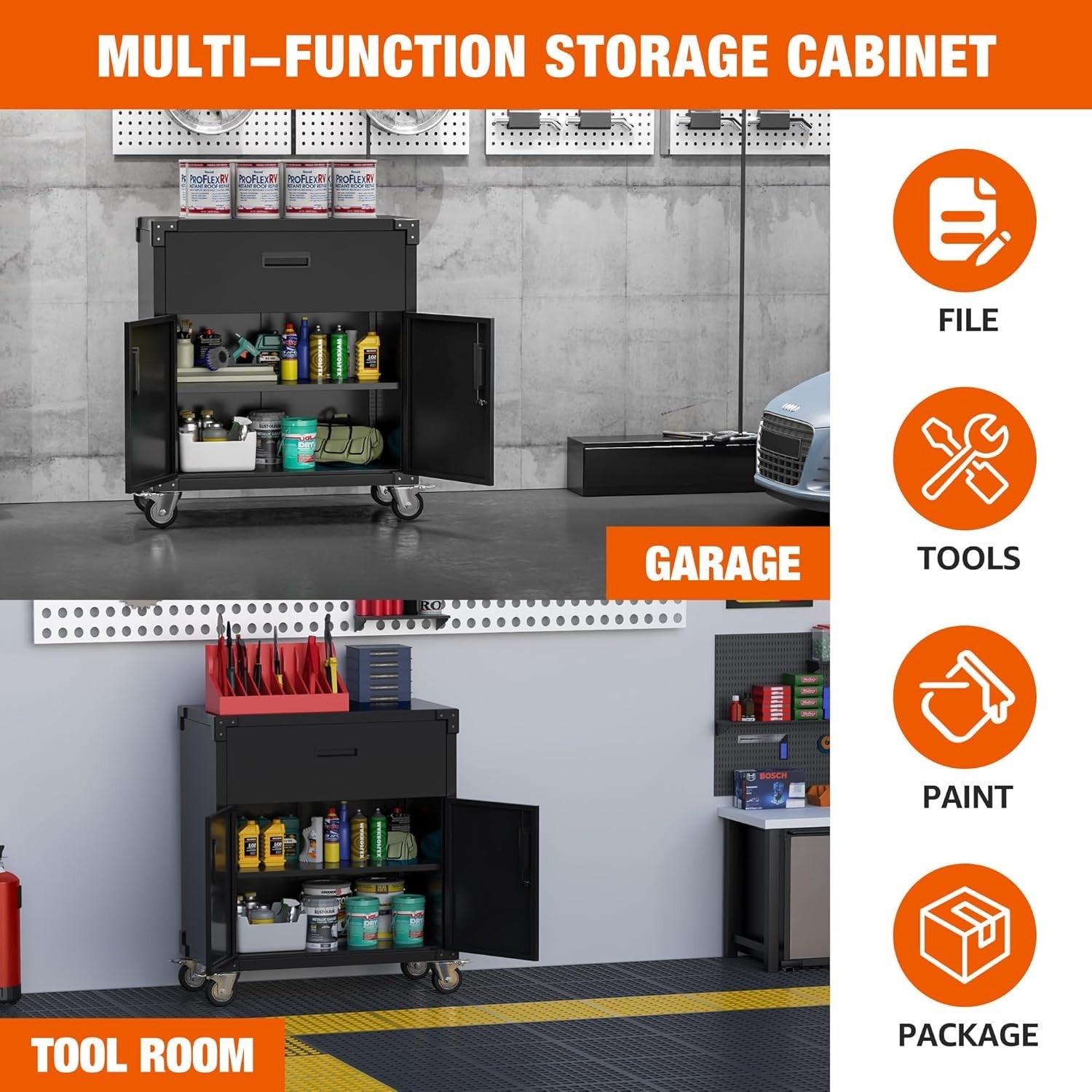 Metal Storage Cabinet with Wheels 2 Doors 1 Drawer Garage Office Organizer