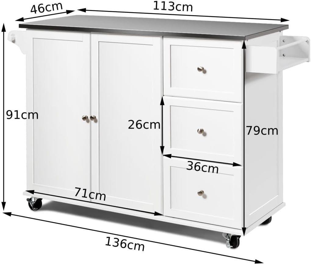 136cm Rolling Kitchen Island Stainless Steel Top