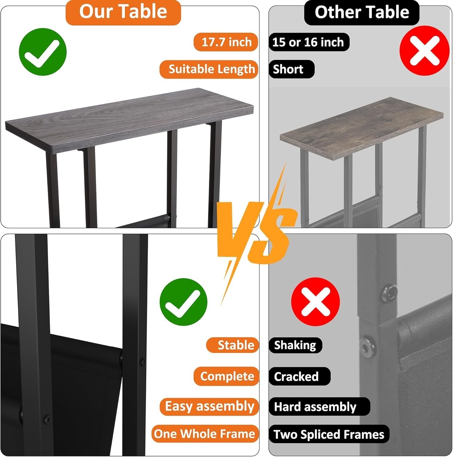 Slim Grey Side Table with Storage Bag – Narrow End Table for Sofa/Bed