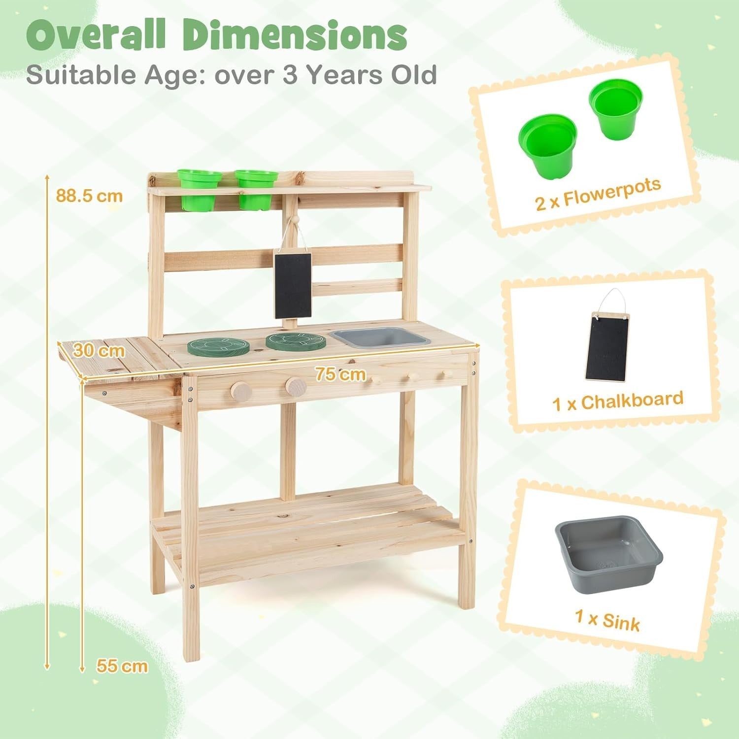 Outdoor Mud Kitchen for Kids Wooden Playset w/ Sink Chalkboard