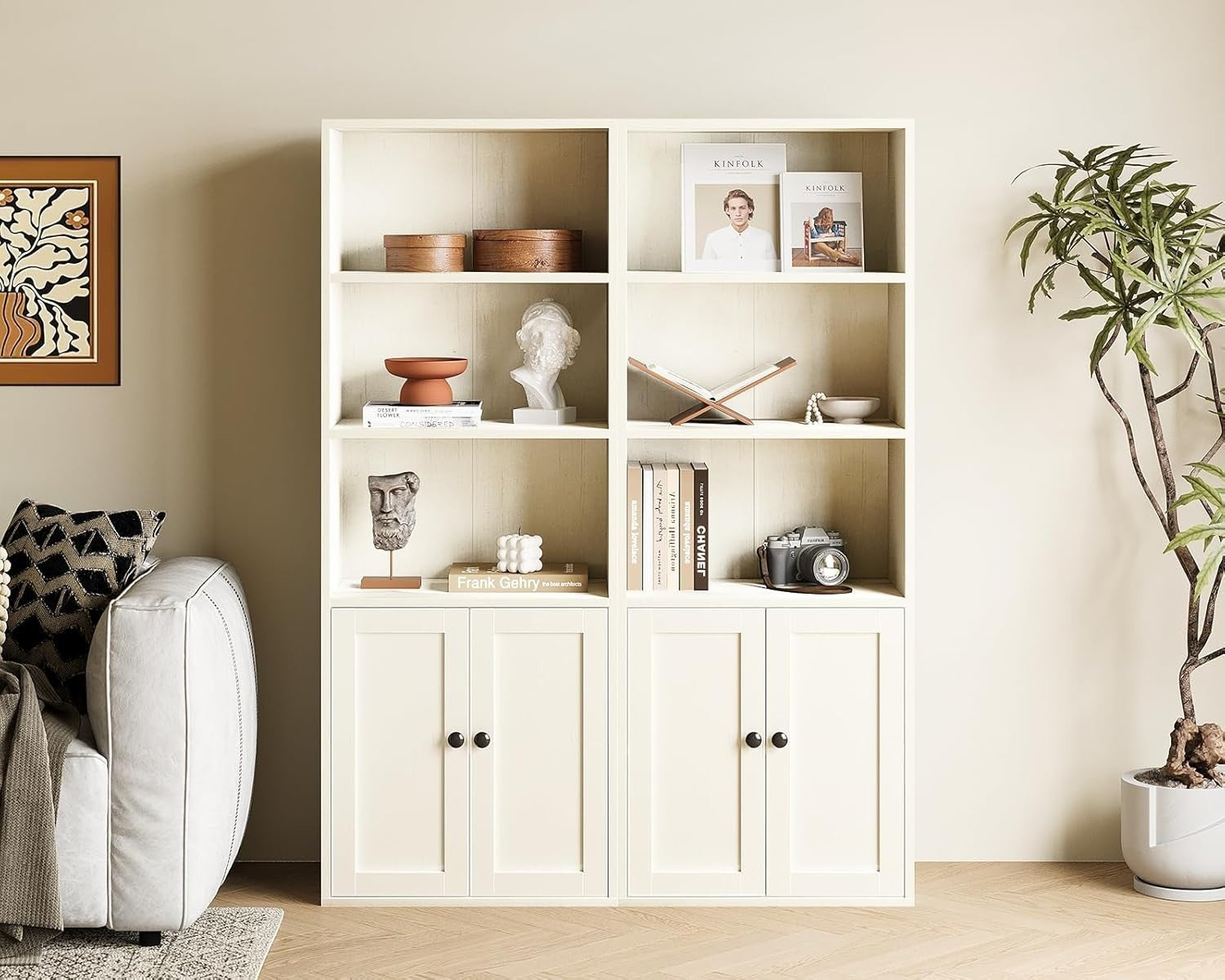 5 Tier White Bookcase Doors Tall Storage Cabinet Shelf Home Bookshef Display