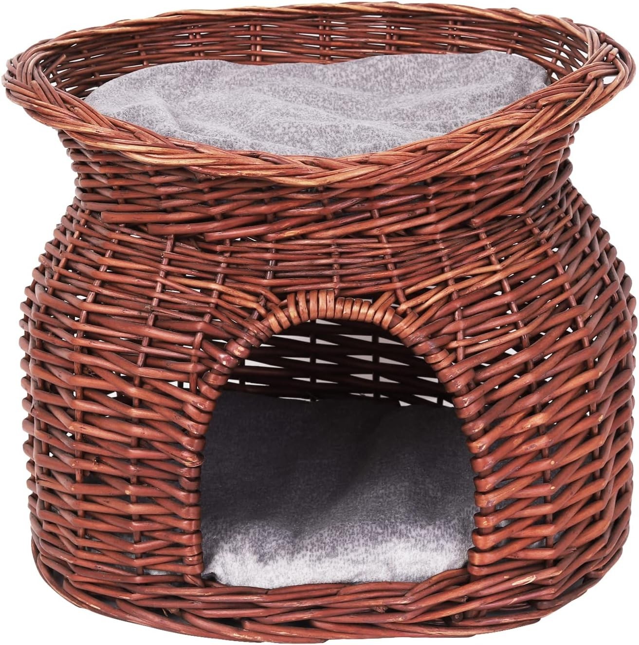 2 Tier Wicker Cat Cave House Basket Bed with Cushions Brown