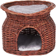 2 Tier Wicker Cat Cave House Basket Bed with Cushions Brown