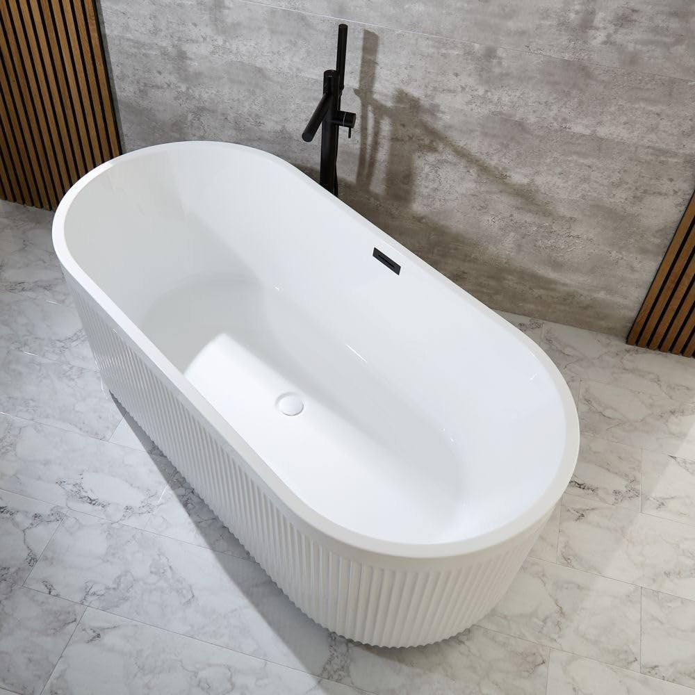 White Freestanding Double Ended Fluted Bath 1700x800mm Black Overflow