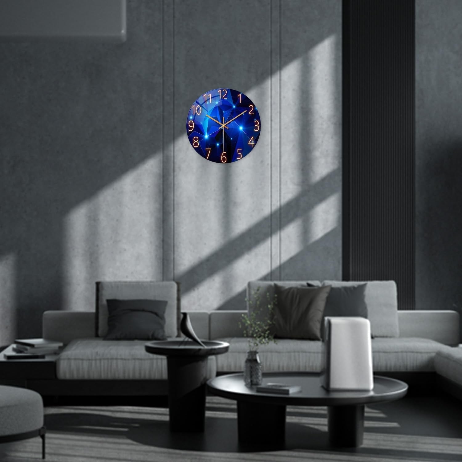 Modern 12 Inch Wall Clock Glass Silent Blue Design Home Living Room Decor