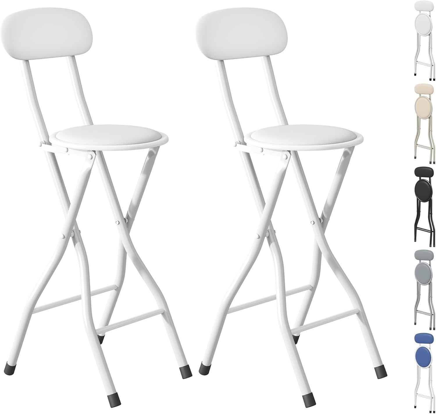 Blue Folding Bar Stool Faux Leather Padded Metal Frame High Chair