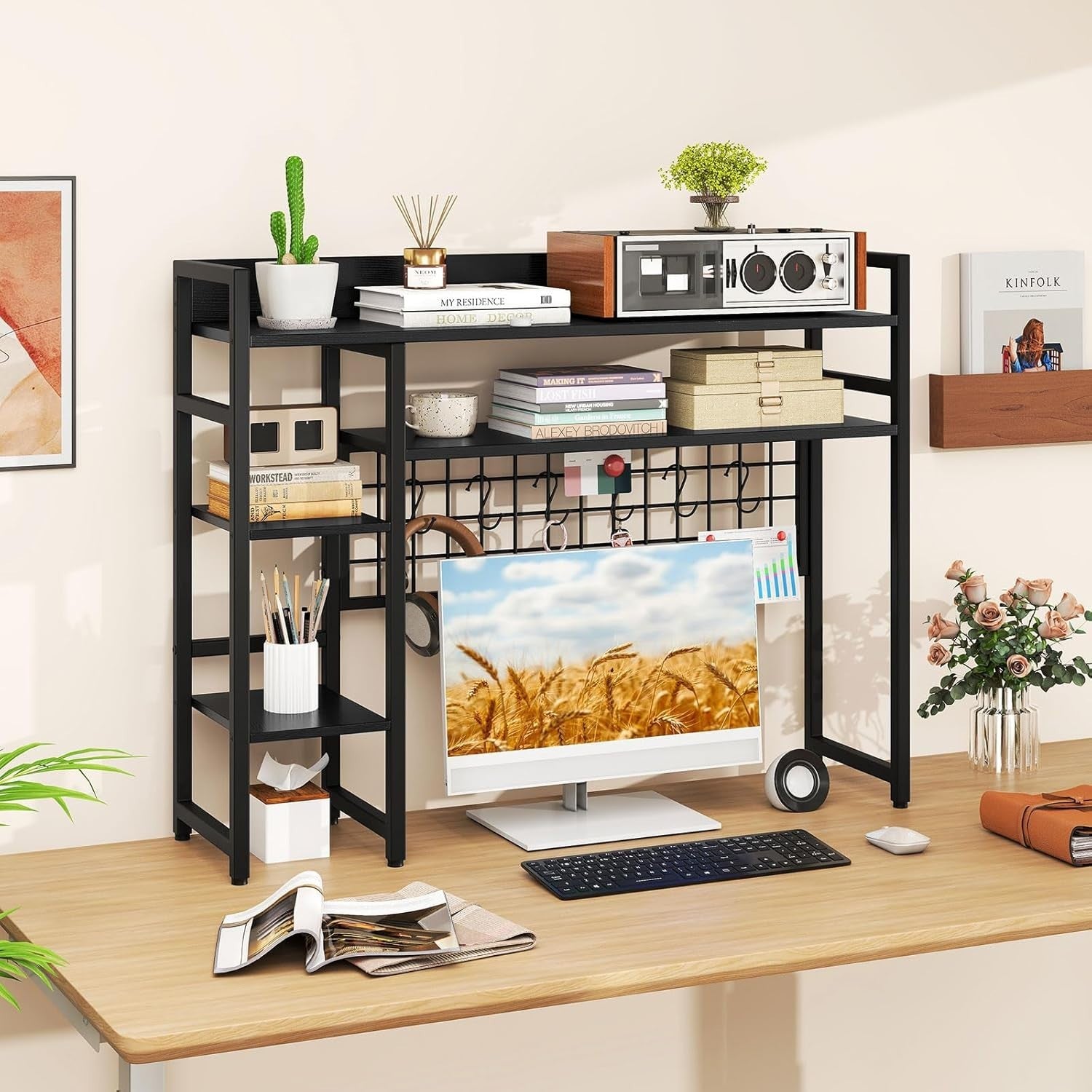 37" Desk Hutch Shelf with Grid Panel | 4-Tier Desktop Organizer Rack + Hooks