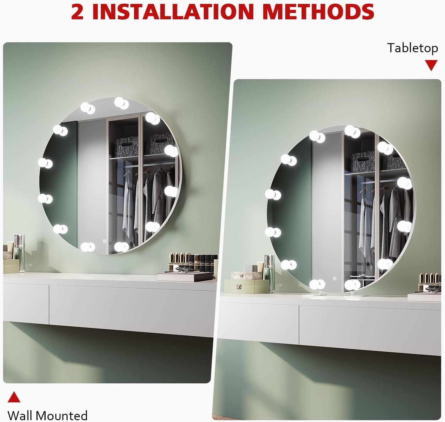 80cm Round Hollywood Vanity Mirror with 12 Dimmable LED Bulbs & Touch Control