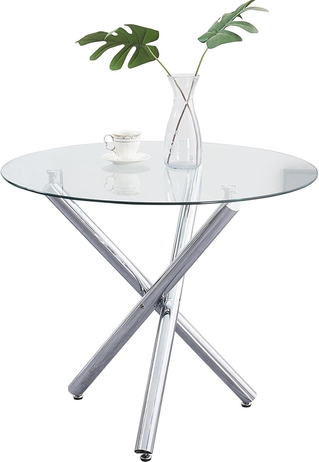 Round Glass Dining Table 90cm Silver 3-Leg Tempered Metal Modern