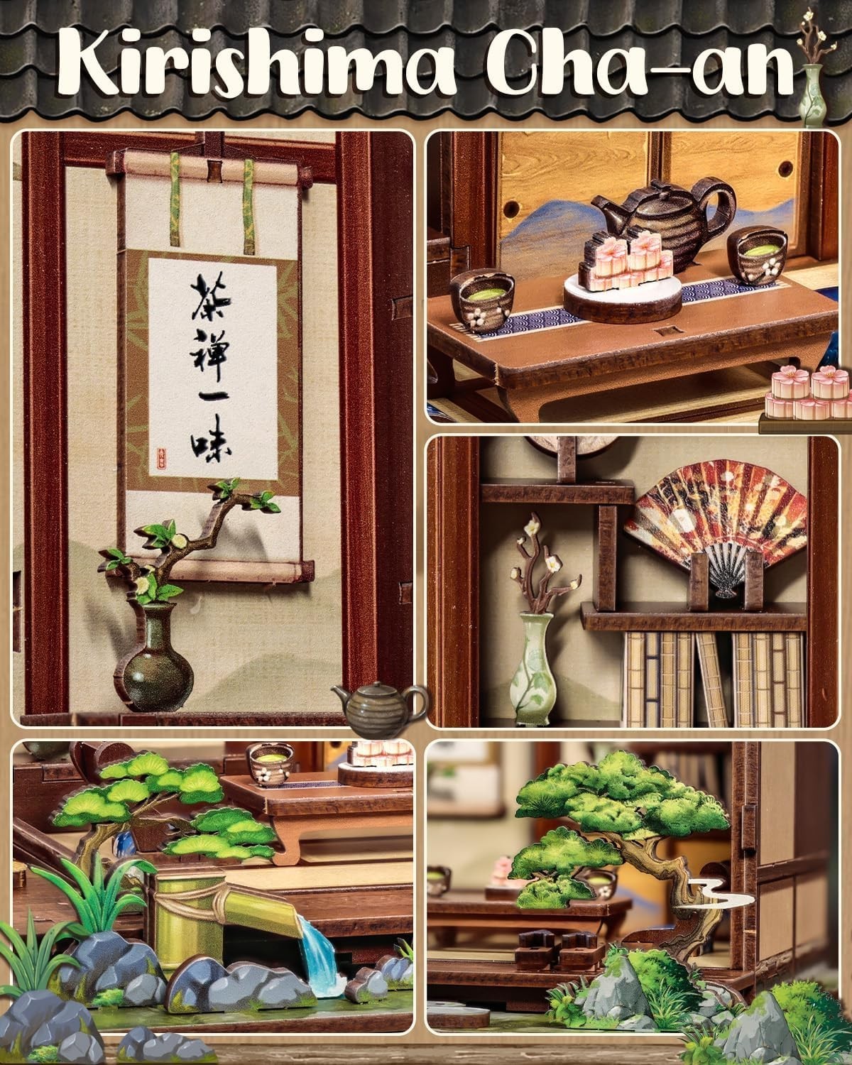 DIY Book Nook Kit Japanese Tea House Miniature LED Bookend Decor