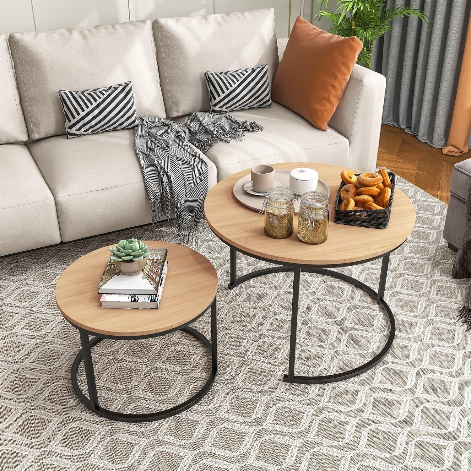 Round Nesting Coffee Table Set of 2, Black & Oak Metal Frame 70/50cm