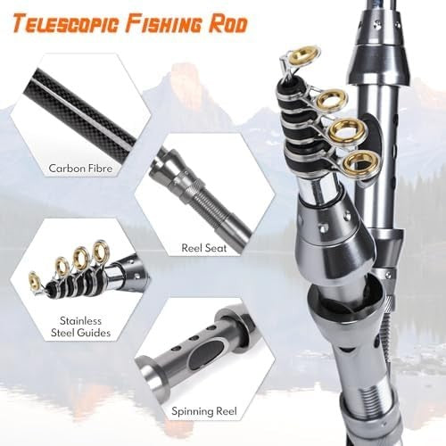 1.8M Telescopic Fishing Rod & Reel Combo Full Kit Lures Line Travel Saltwater