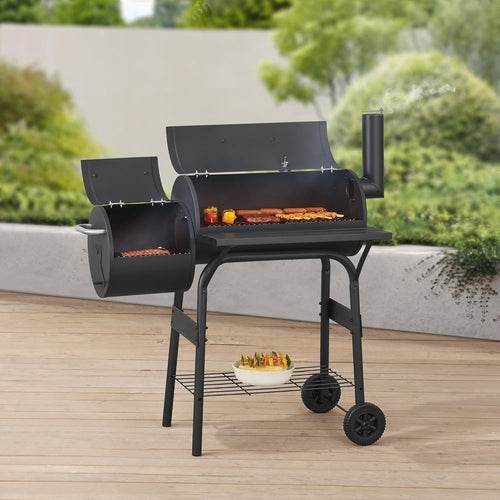 Charcoal BBQ Smoker Grill with Side Firebox & Thermometer Outdoor Trolley 115cm