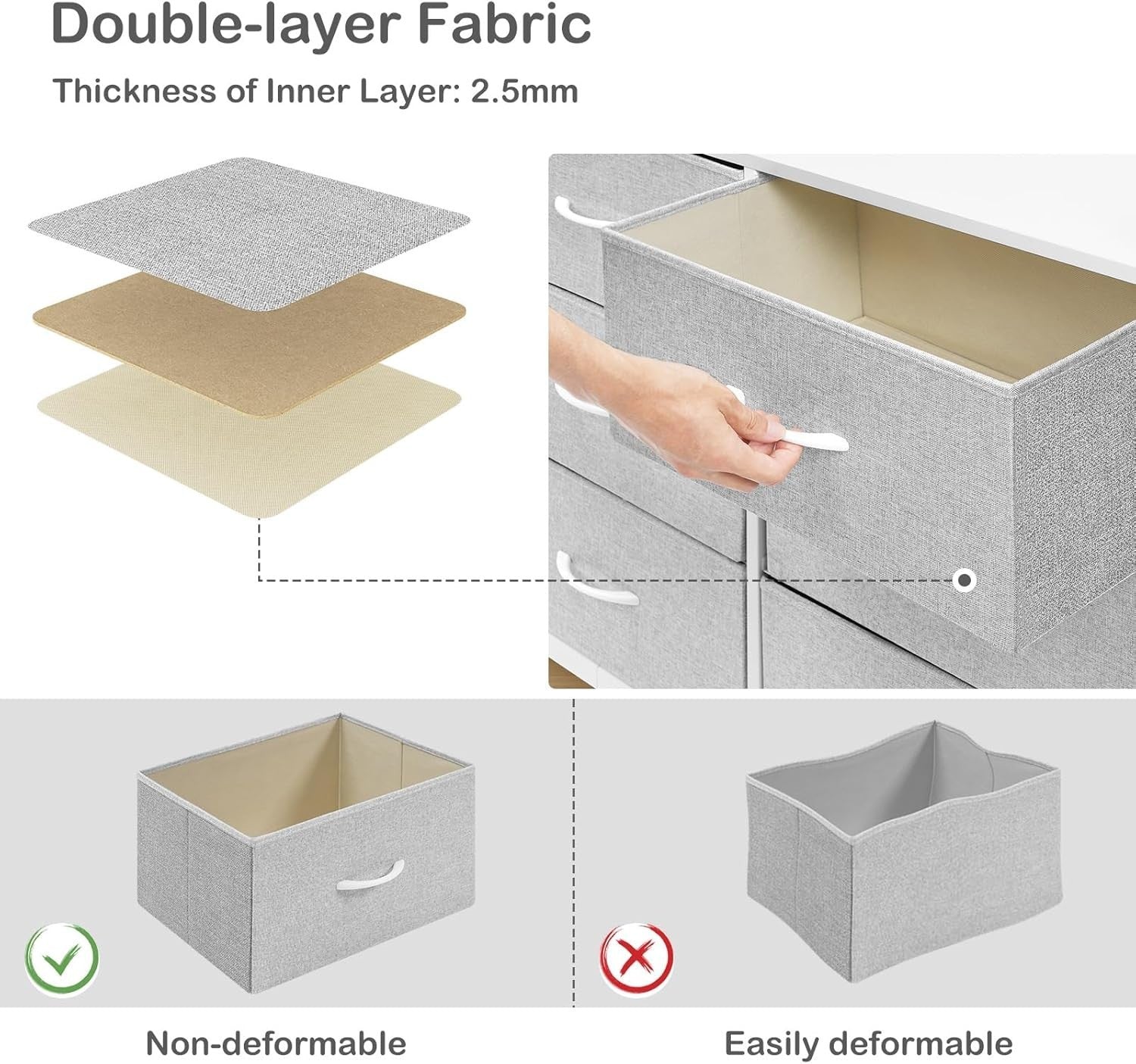 Fabric Storage 8 Chest Drawer  with USB Charging Ports Light Grey White Unit