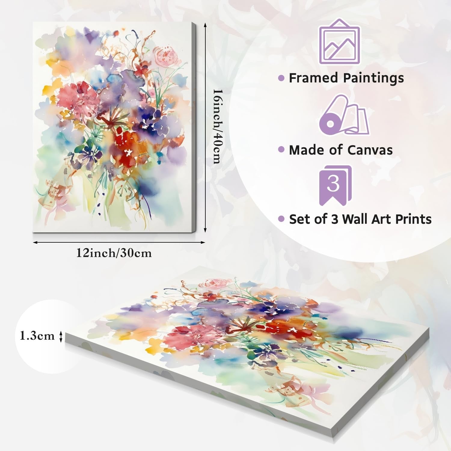 3Pcs Watercolor Flower Wall Art – Colorful Botanical Prints 12x16in