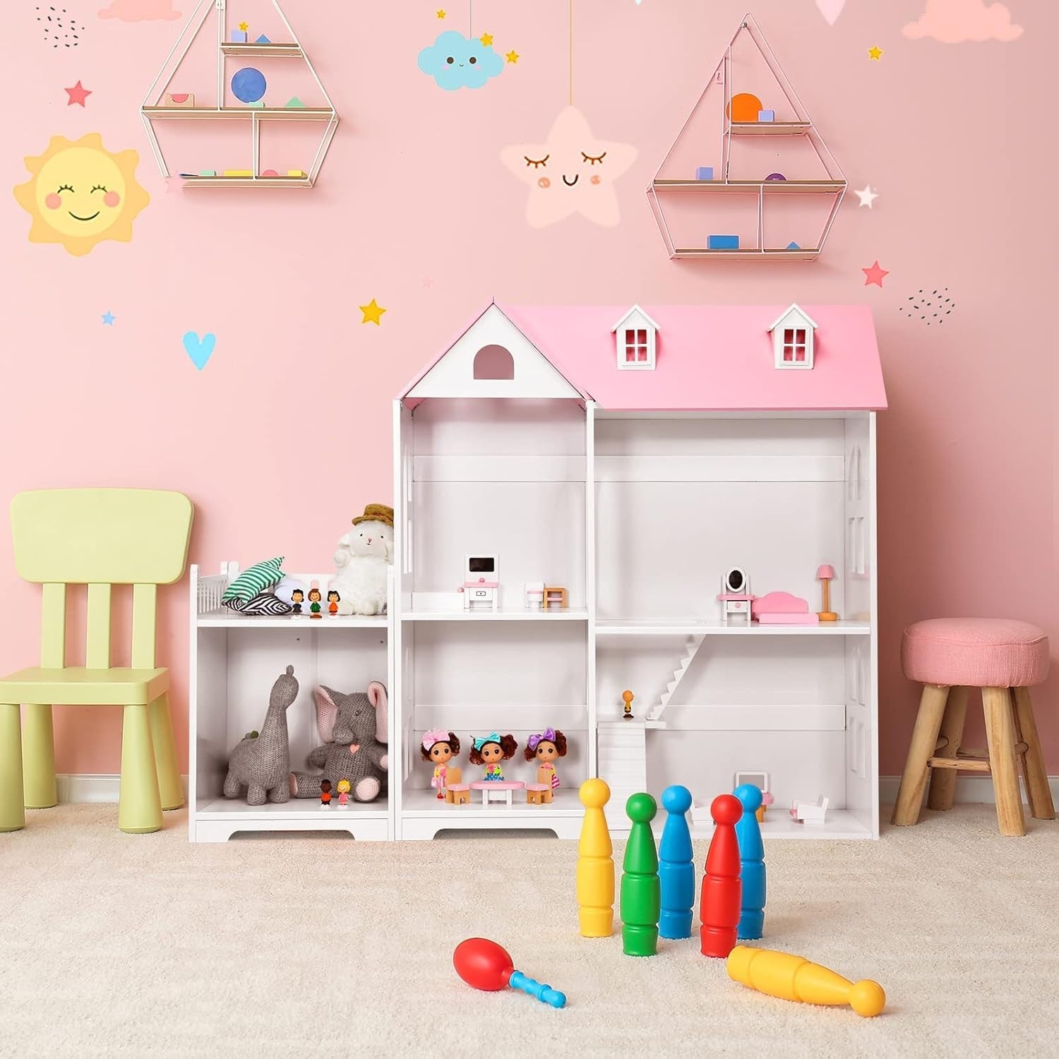2in1 Kids Dollhouse Wooden Bookcase 2-Storey Playset w/ 14 Furniture Pink