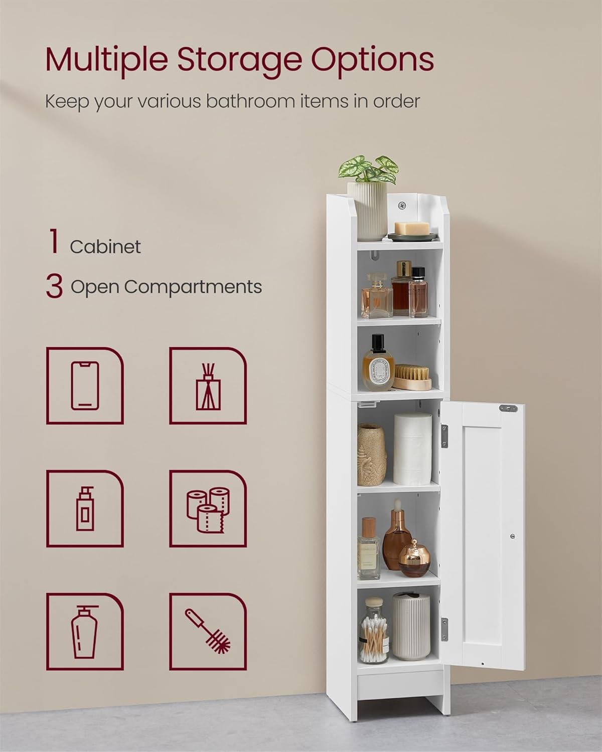 Slim White Bathroom Storage Cabinet with Door, Adjustable Shelves & Narrow Desig