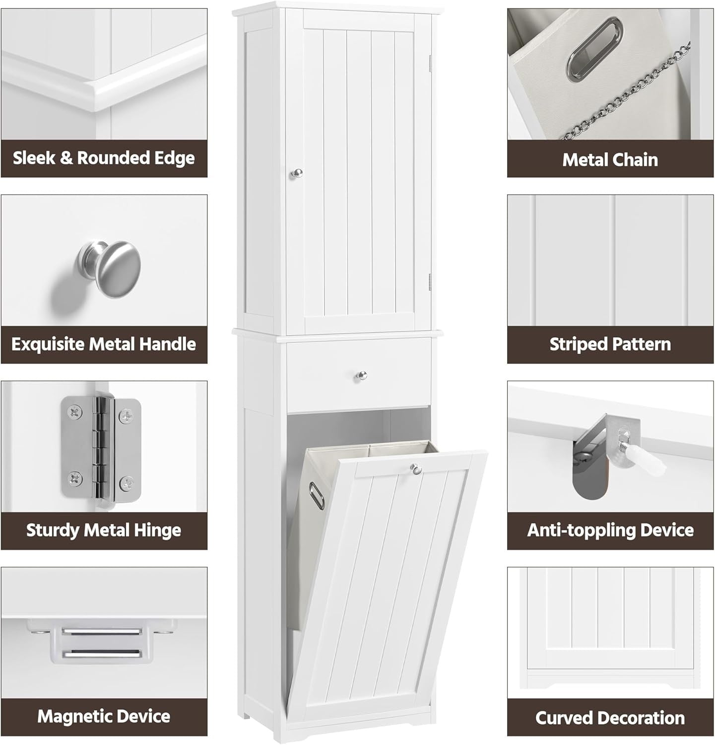 Tall Bathroom Cabinet with Tilt-Out Laundry Basket & Storage Shelves | 180cm Whi