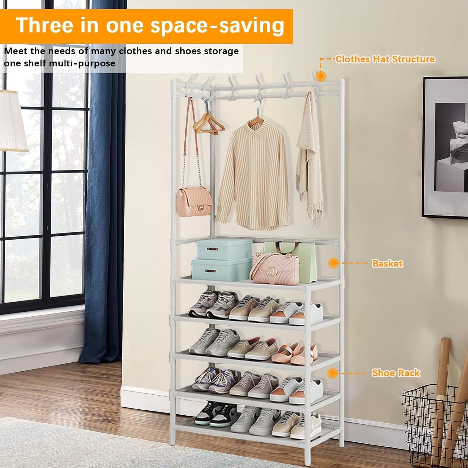 White 5-Tier Coat & Shoe Rack | Metal Hallway Storage Stand with Hooks