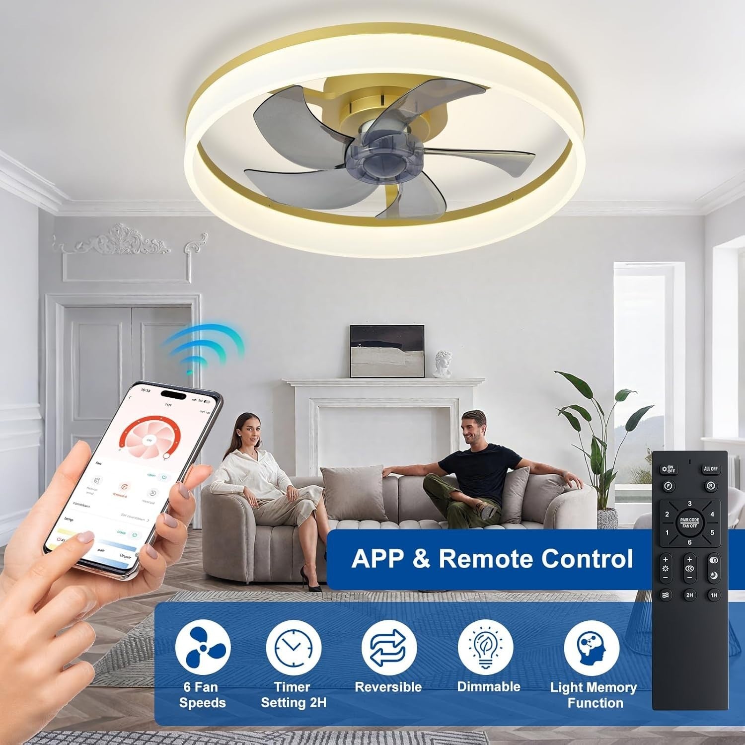20" LED Ceiling Fan with Light, Remote & App Control, Dimmable, Gold Bladeless