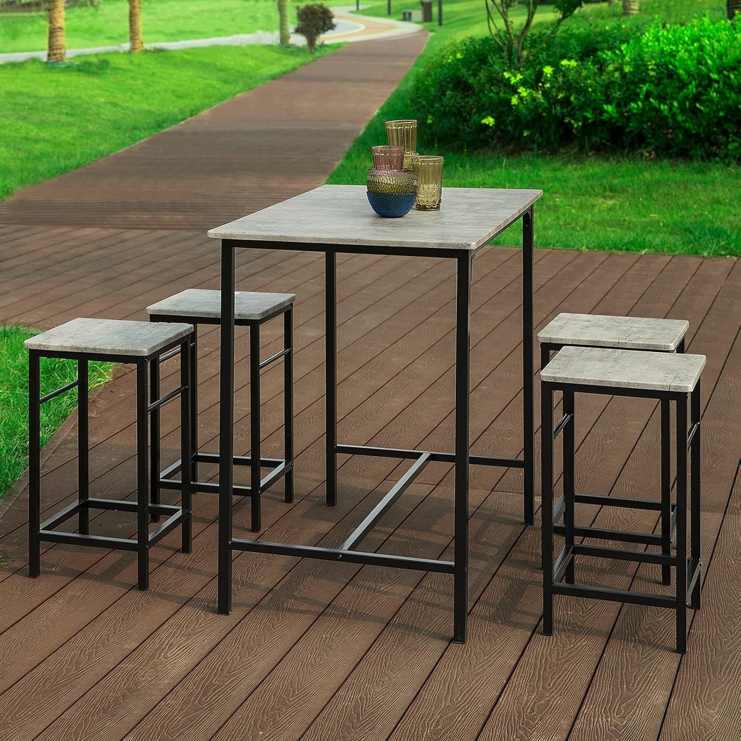 5-Piece Breakfast Bar Table Set with 4 Stools, Space Saving Dining – Black Grey
