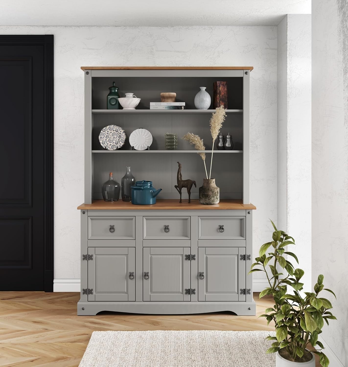 Grey Wax Buffet Hutch Sideboard Dresser 3 Doors 3 Drawers 176cm