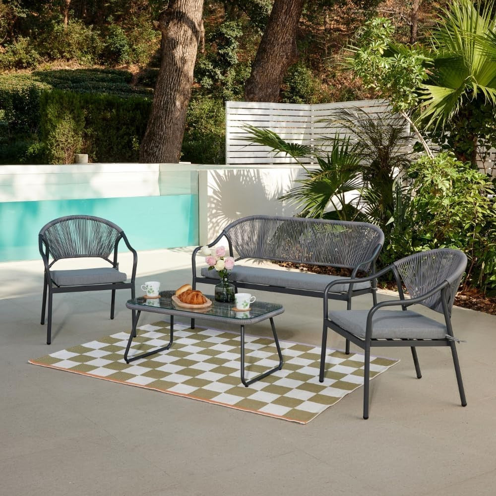 4 Seater Garden Rope Lounge Set Grey Wicker Chairs Sofa & Glass Table