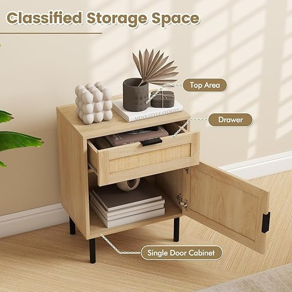 Rattan Bedside Tables Set of 2 with Drawer & Cabinet, Natural Wood & Metal Legs