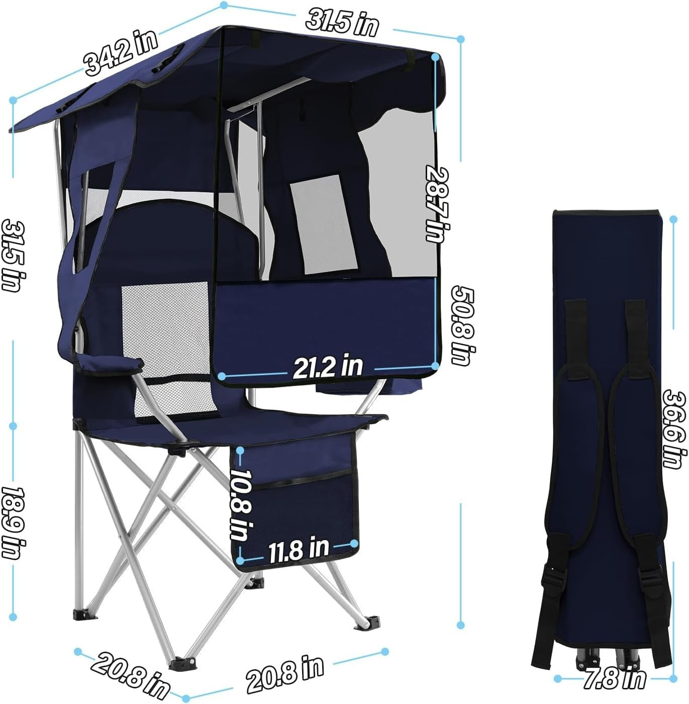 Foldable Beach Camping Chair with Canopy Shade, Cooler Bag & Cup Holders