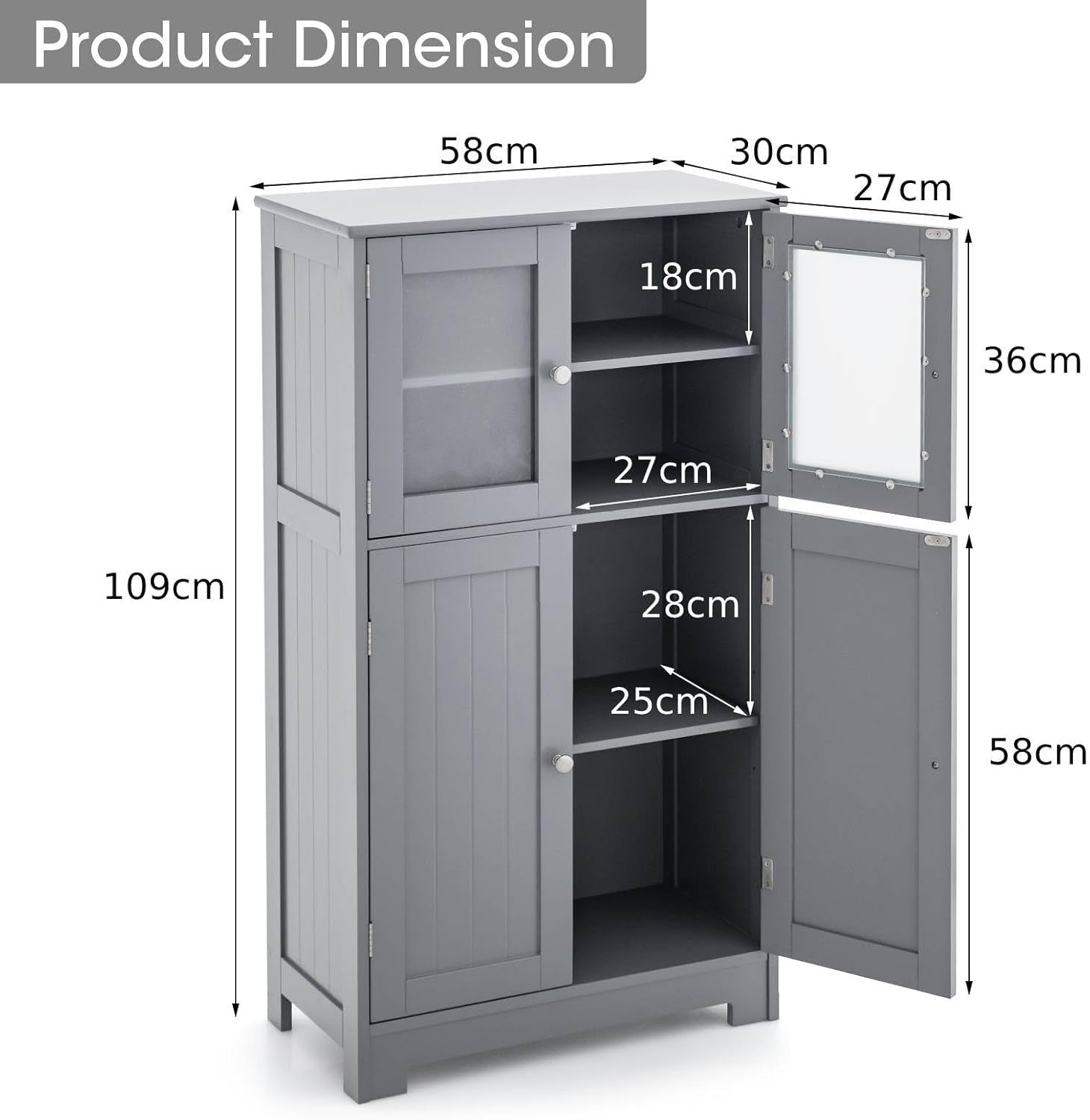 Freestanding Bathroom Floor Cabinet with Tempered Glass & Adjustable Shelves