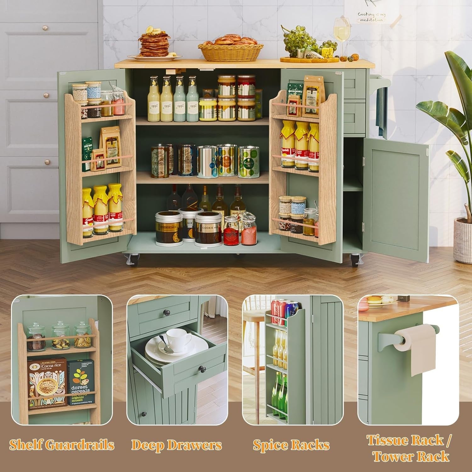 Mobile Kitchen Island Cart with Extendable Worktop & Storage Drawers Green