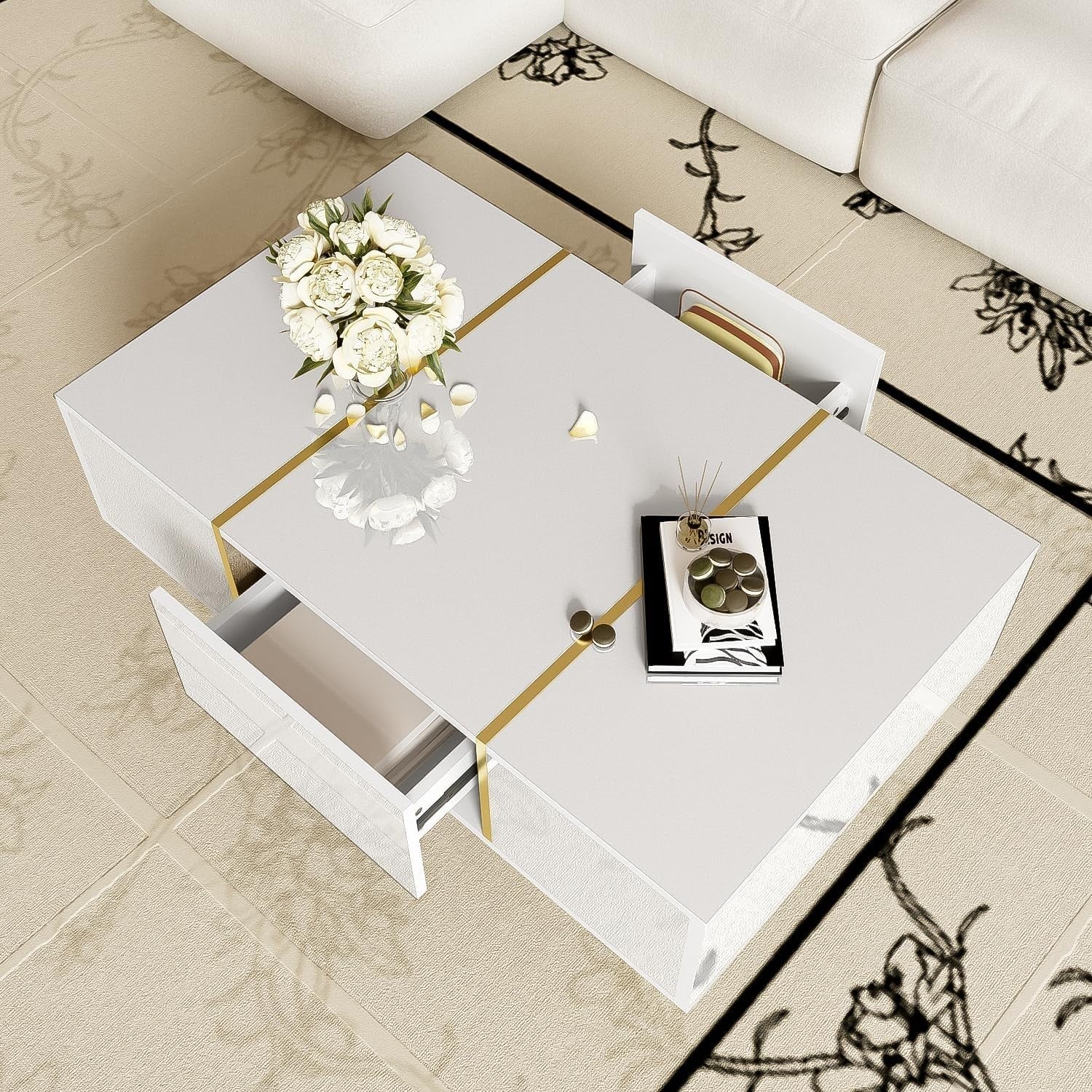 White High-Gloss Coffee Table with Storage Drawers & Gold Accents, 100x60x41cm