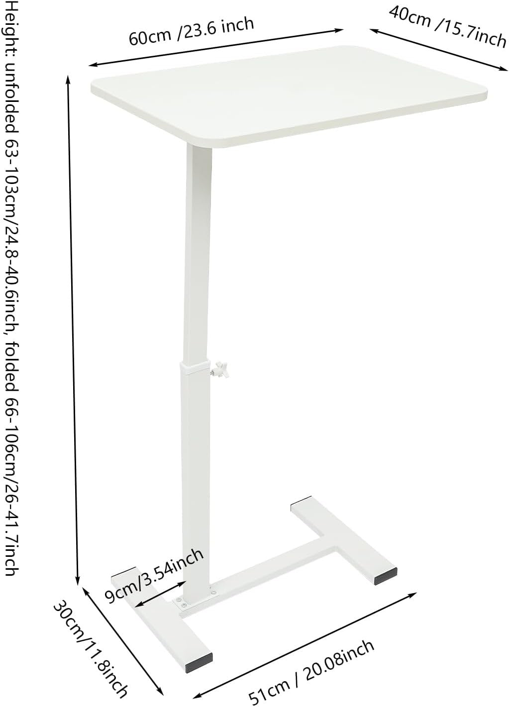 Overbed Table Laptop Desk Adjustable Height Rolling Bedside 60x40cm